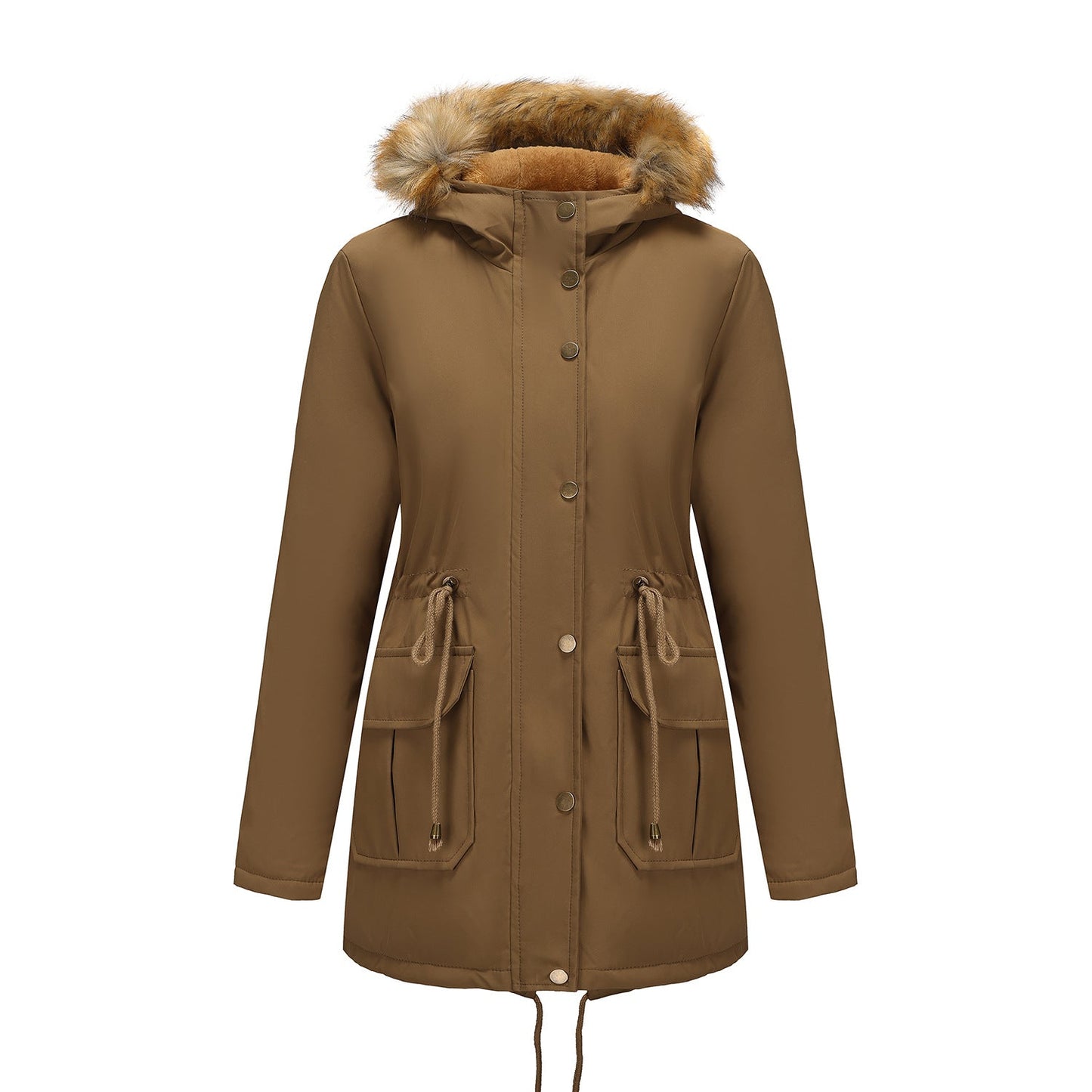 Hooded Women's Mid-length Padded Coat With Fur Collar And Defined Waist