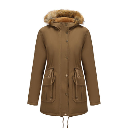 Hooded Women's Mid-length Padded Coat With Fur Collar And Defined Waist