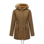 Hooded Women's Mid-length Padded Coat With Fur Collar And Defined Waist