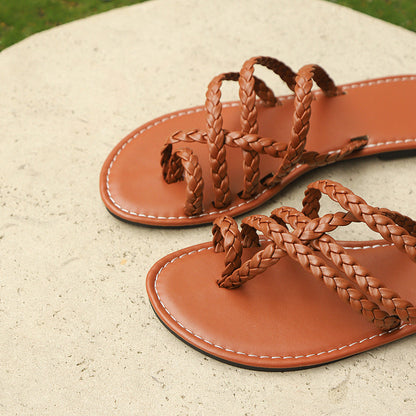 Summer Clip-toe Woven Sandals INS Fashion Beach Flat Slides Slippers Outdoor Roman Shoes For Women