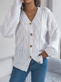 Women Casual V-Neck Lantern Sleeve Cable Knit Button Cardigan Sweater