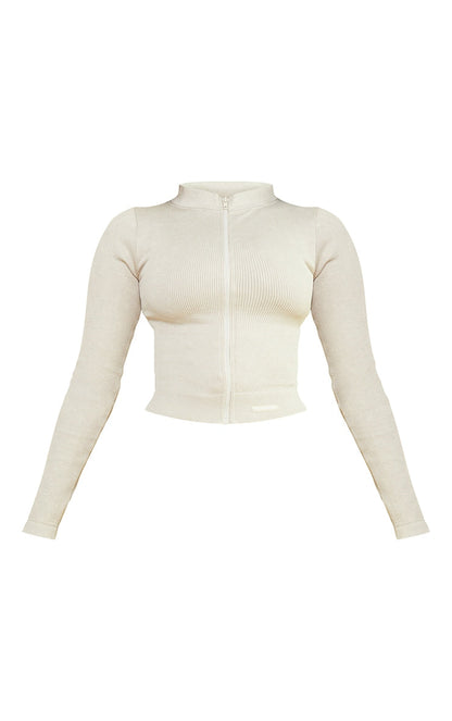 Oatmeal Acid Wash Seamless Ribbed Zip Up Cropped Sports Jacket