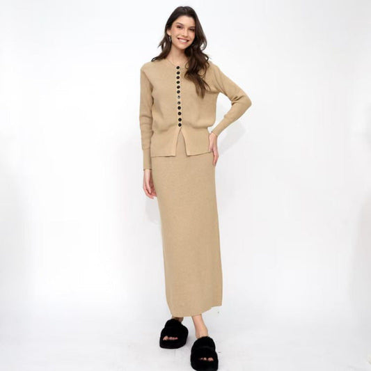 Women's Solid-color Casual Cardigan And Skirt Setsoft And Gentle All-in-one Outfit