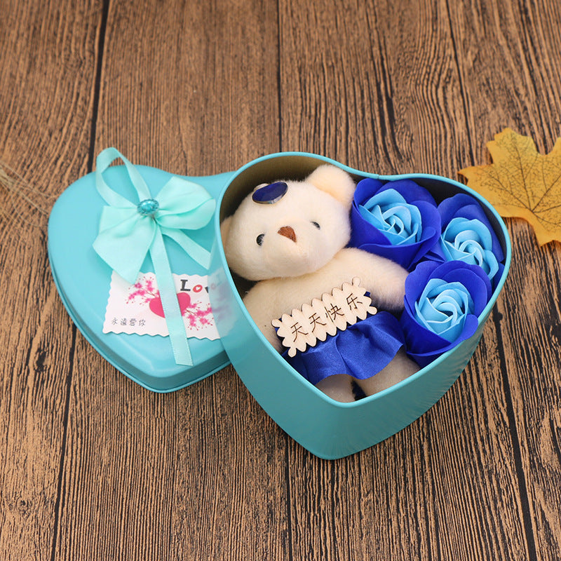 Soap Flower Gift Box Valentine's Day Gift Mother's Day Creative Gifts Bear Flower Rose Heart Shaped Tin Box
