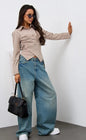 Women's Designer-style Shirt With A Turn-down Collar Slanted Front Placket And A Fitted Waist