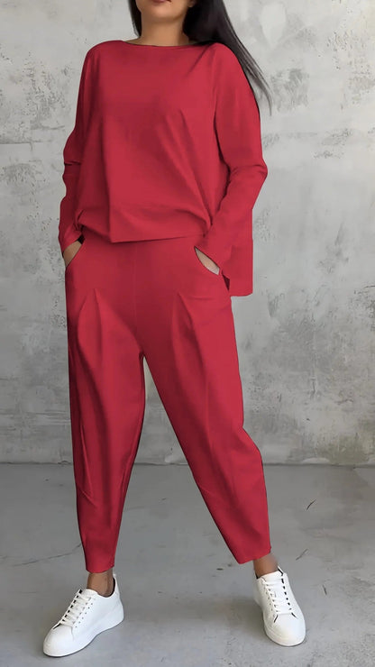 Women's Irregular Suit Long-sleeved Round Neck Top And Loose Harem Pants With Pockets Ins Fashion Trousers Set Women's Clothing