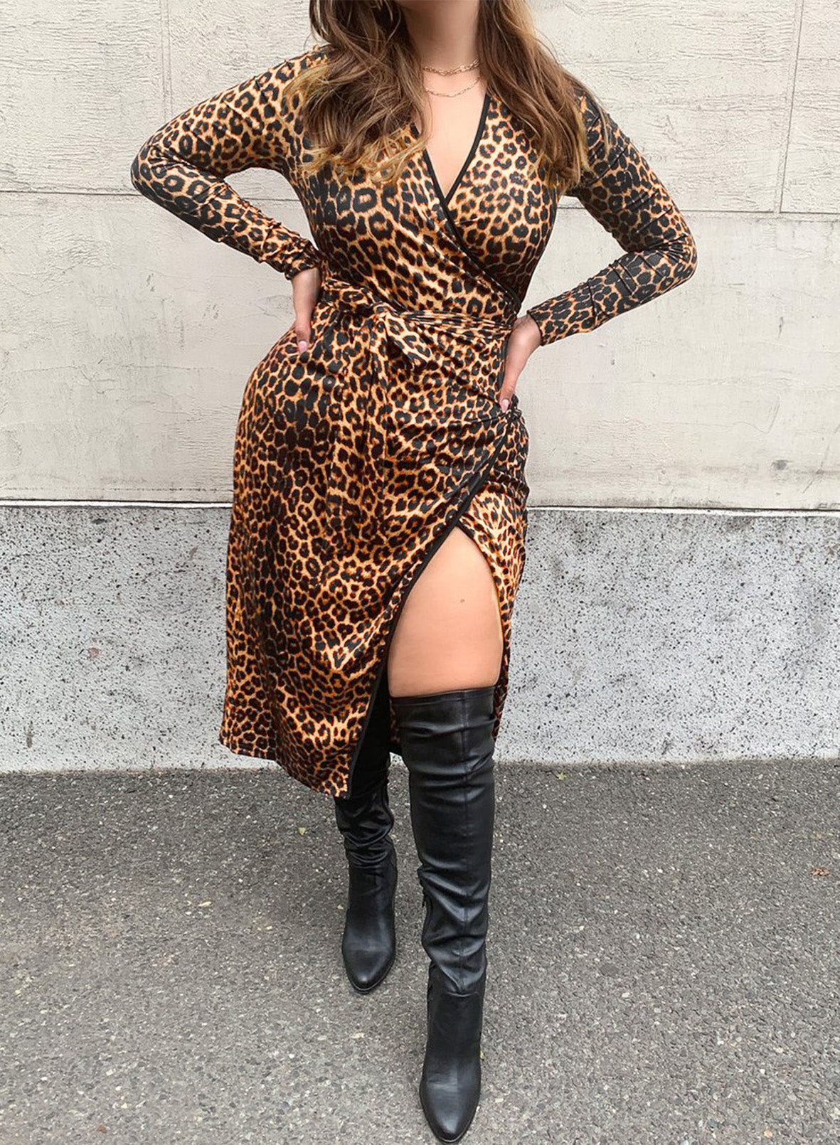 Brown Leopard Wrap V Neck Plus size Dress with A Slit