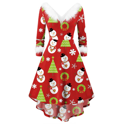 Women's Christmas Long Sleeve V-neck Irregular Dress