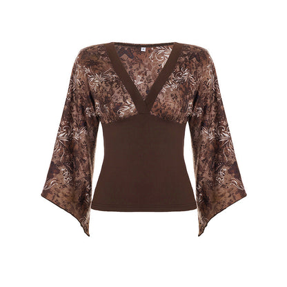 American-style Retro Floral-print V-neck Cinched-top