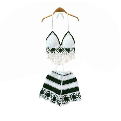 V-neck Fringe Vest High-waisted Hollowed-out Wide-leg Shorts Women's Suit