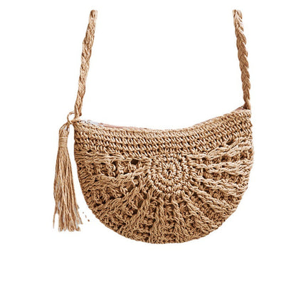 Women's Fashion Casual Handmade Straw Woven Shoulder Tassel Beach Bag
