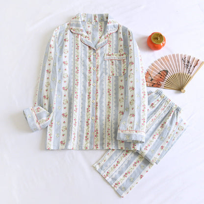 Japanese Sweet Ladies' Homewear Cotton Double-layer Gauze New Long-sleeved Trousers Two-piece Set