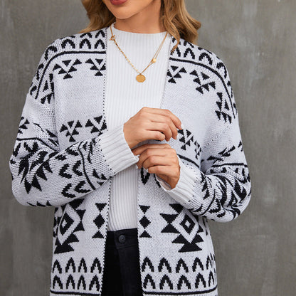 Jacquard Knit Sweater Jacket Casual Knitted Long Cardigan