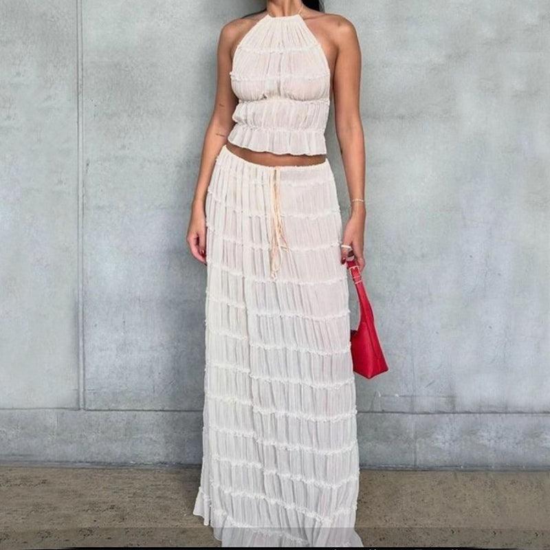2 Piece Beach Outfit Sleeveless Backless Halter Top And Pleated Long Skirt