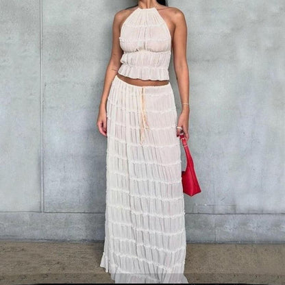 2 Piece Beach Outfit Sleeveless Backless Halter Top And Pleated Long Skirt