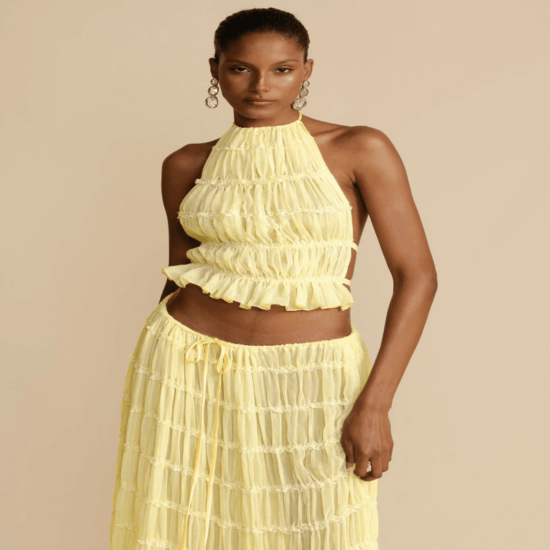 2 Piece Beach Outfit Sleeveless Backless Halter Top And Pleated Long Skirt