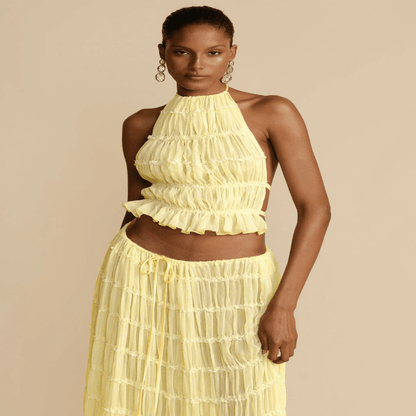 2 Piece Beach Outfit Sleeveless Backless Halter Top And Pleated Long Skirt