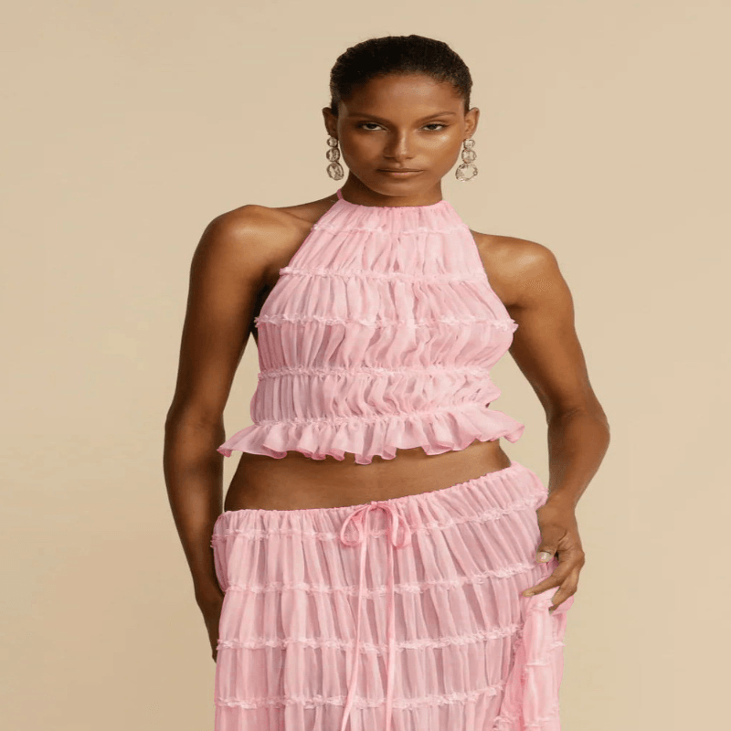 2 Piece Beach Outfit Sleeveless Backless Halter Top And Pleated Long Skirt
