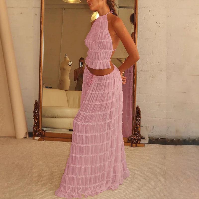 2 Piece Beach Outfit Sleeveless Backless Halter Top And Pleated Long Skirt
