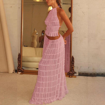 2 Piece Beach Outfit Sleeveless Backless Halter Top And Pleated Long Skirt