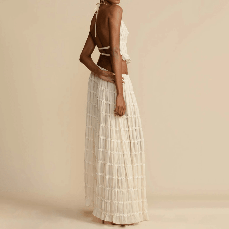 2 Piece Beach Outfit Sleeveless Backless Halter Top And Pleated Long Skirt