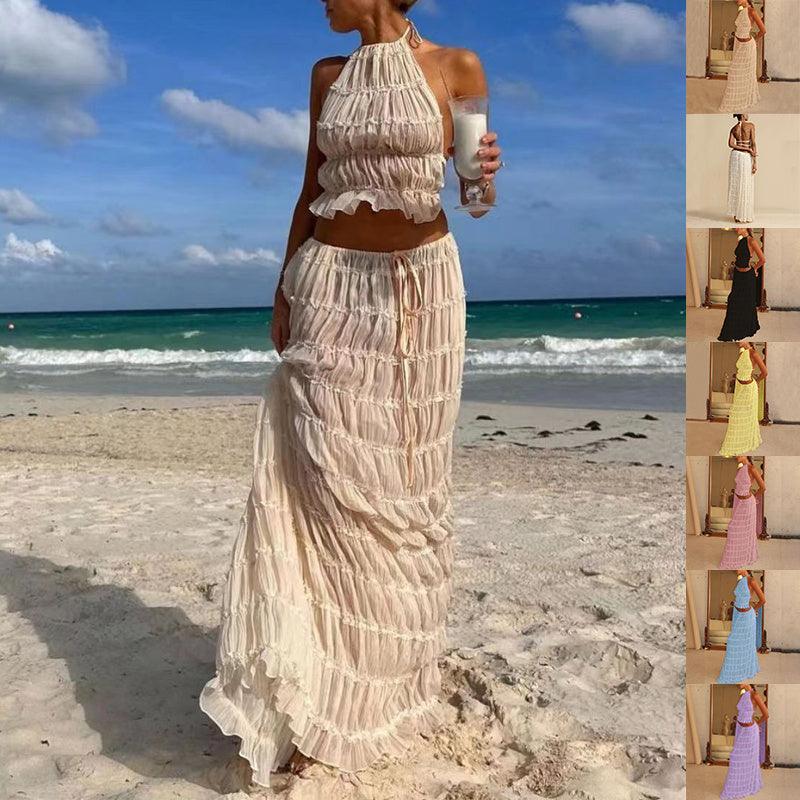 2 Piece Beach Outfit Sleeveless Backless Halter Top And Pleated Long Skirt