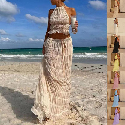 2 Piece Beach Outfit Sleeveless Backless Halter Top And Pleated Long Skirt