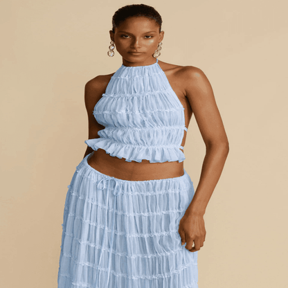 2 Piece Beach Outfit Sleeveless Backless Halter Top And Pleated Long Skirt