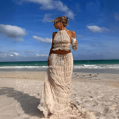 2 Piece Beach Outfit Sleeveless Backless Halter Top And Pleated Long Skirt