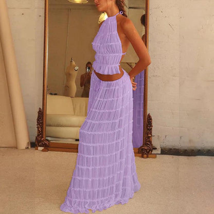 2 Piece Beach Outfit Sleeveless Backless Halter Top And Pleated Long Skirt