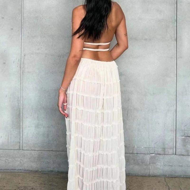 2 Piece Beach Outfit Sleeveless Backless Halter Top And Pleated Long Skirt