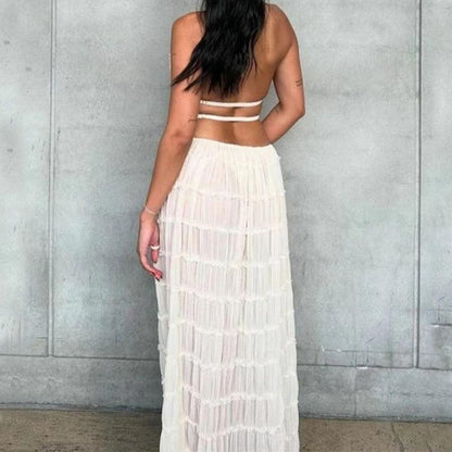 2 Piece Beach Outfit Sleeveless Backless Halter Top And Pleated Long Skirt