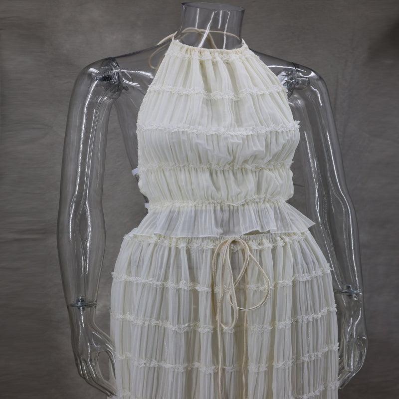 2 Piece Beach Outfit Sleeveless Backless Halter Top And Pleated Long Skirt