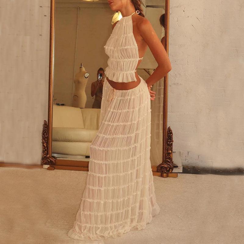 2 Piece Beach Outfit Sleeveless Backless Halter Top And Pleated Long Skirt