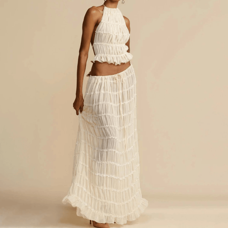 2 Piece Beach Outfit Sleeveless Backless Halter Top And Pleated Long Skirt