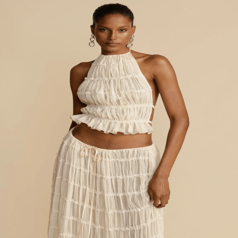 2 Piece Beach Outfit Sleeveless Backless Halter Top And Pleated Long Skirt