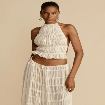2 Piece Beach Outfit Sleeveless Backless Halter Top And Pleated Long Skirt