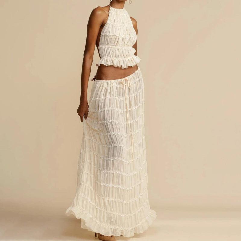 2 Piece Beach Outfit Sleeveless Backless Halter Top And Pleated Long Skirt