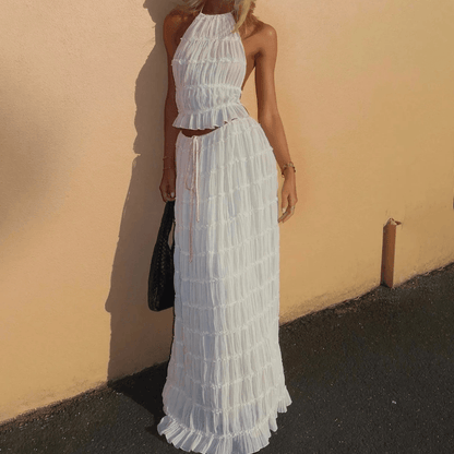 2 Piece Beach Outfit Sleeveless Backless Halter Top And Pleated Long Skirt