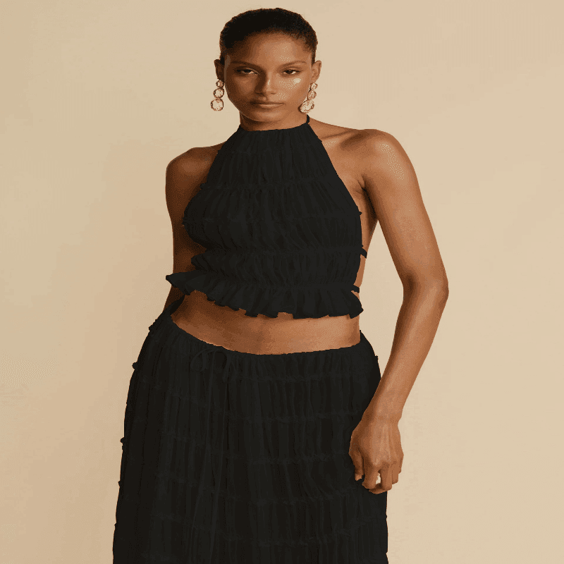 2 Piece Beach Outfit Sleeveless Backless Halter Top And Pleated Long Skirt