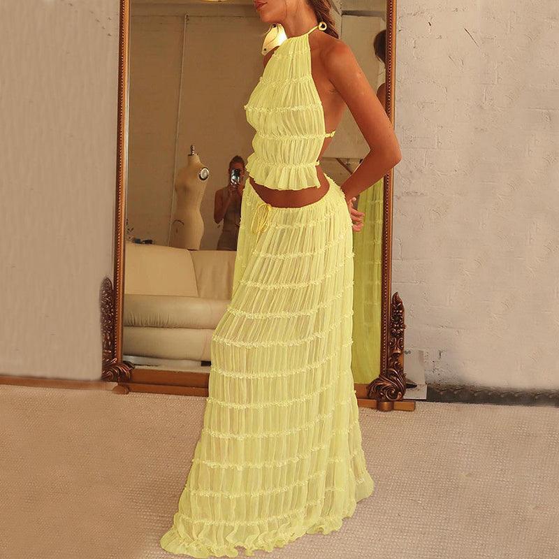 2 Piece Beach Outfit Sleeveless Backless Halter Top And Pleated Long Skirt