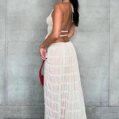2 Piece Beach Outfit Sleeveless Backless Halter Top And Pleated Long Skirt
