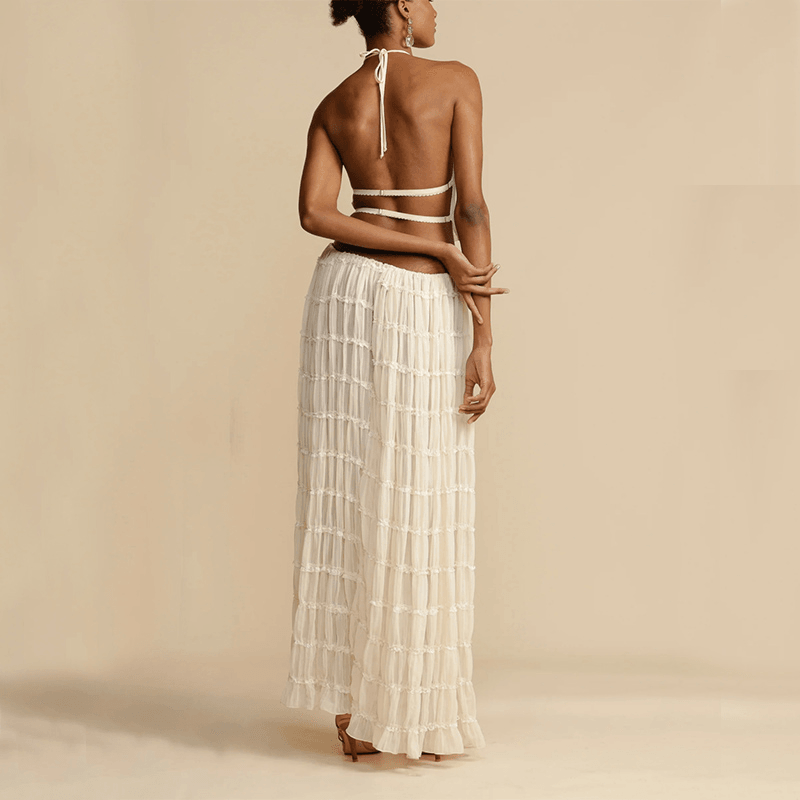 2 Piece Beach Outfit Sleeveless Backless Halter Top And Pleated Long Skirt