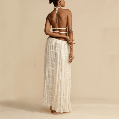 2 Piece Beach Outfit Sleeveless Backless Halter Top And Pleated Long Skirt