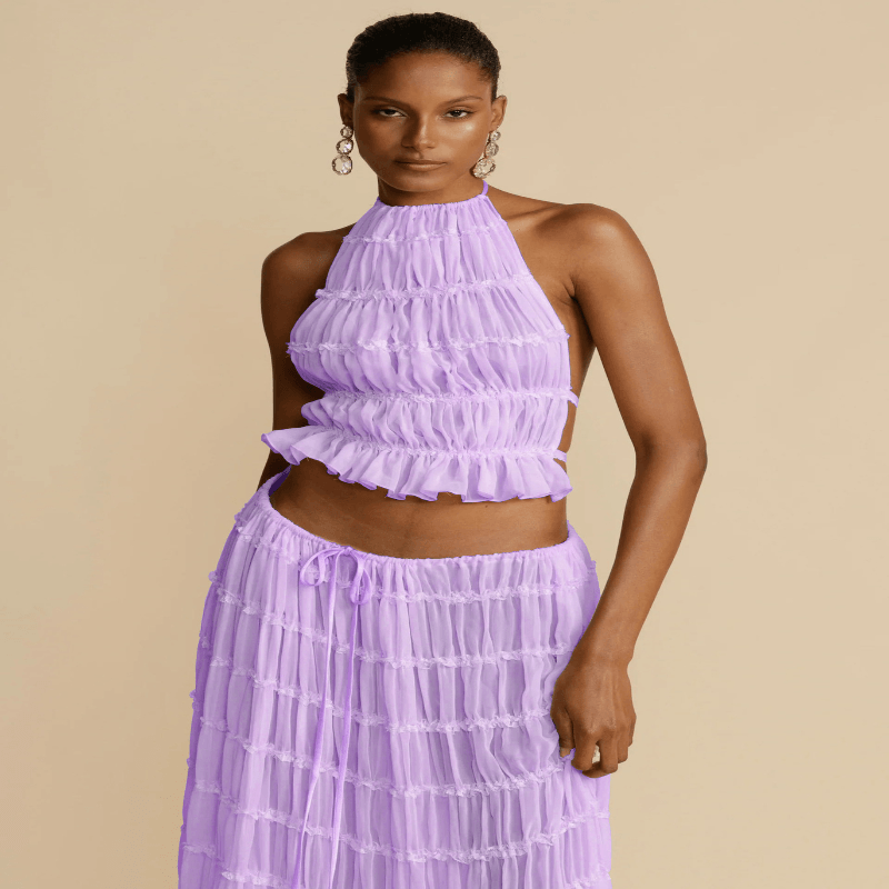 2 Piece Beach Outfit Sleeveless Backless Halter Top And Pleated Long Skirt