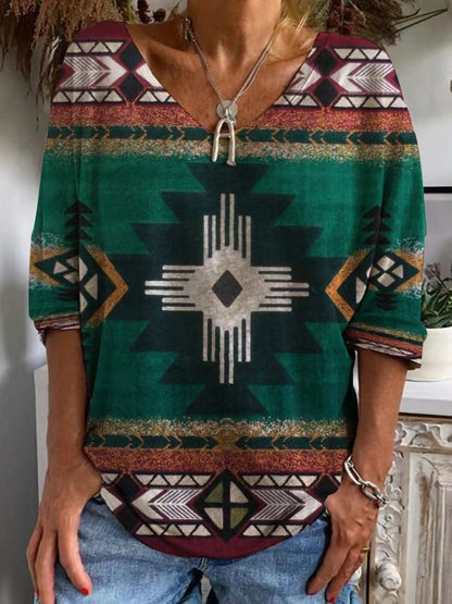 Womens Loose-fitting Geometric-print V-neck Long-sleeve Top