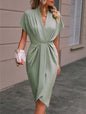 Summer Batwing Sleeve Dress Fashion V-neck Short Sleeve Pleated Dresses Womens Clothing