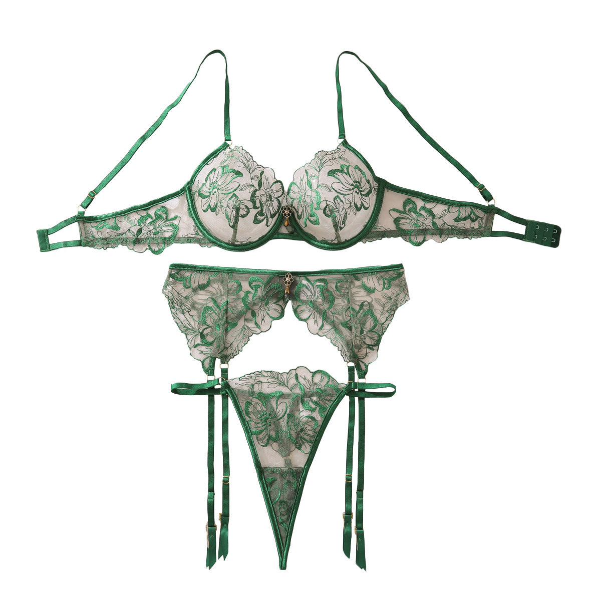 Gemstone-embellished Floral Embroidery Underwire Push-up Sheer Shapewear Sexy Lingerie