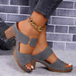 Chunky Heel Sandals Summer Round Toe Plaid Slides Slippers Fashion Outdoor High Heels Shoes For Women