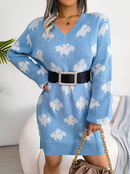 Women's Color-Blocked Cloud Lantern Sleeve Knitted Slip Dress